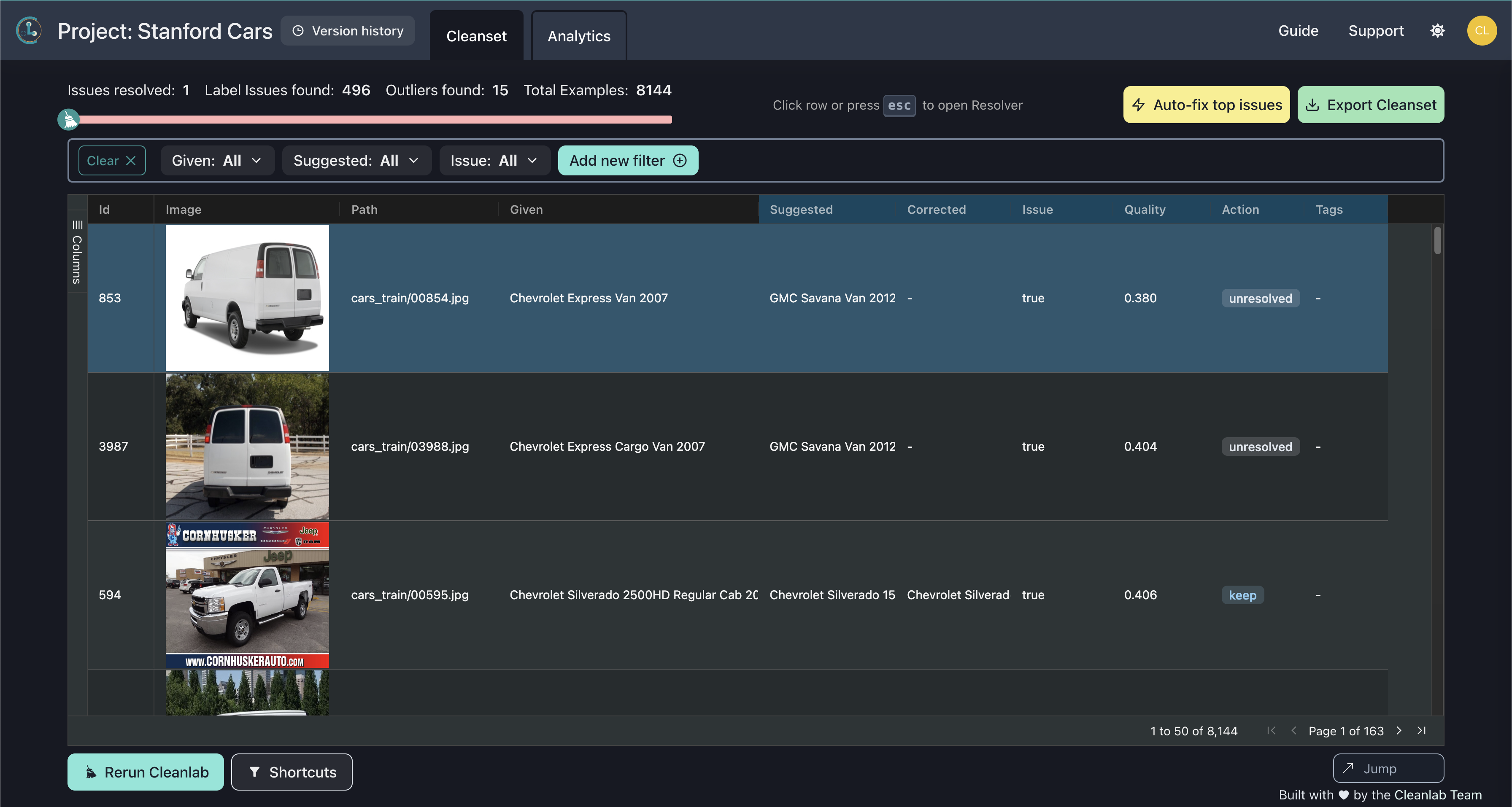 Screenshot of Cleanlab Studio, a data correction enterprise interface.