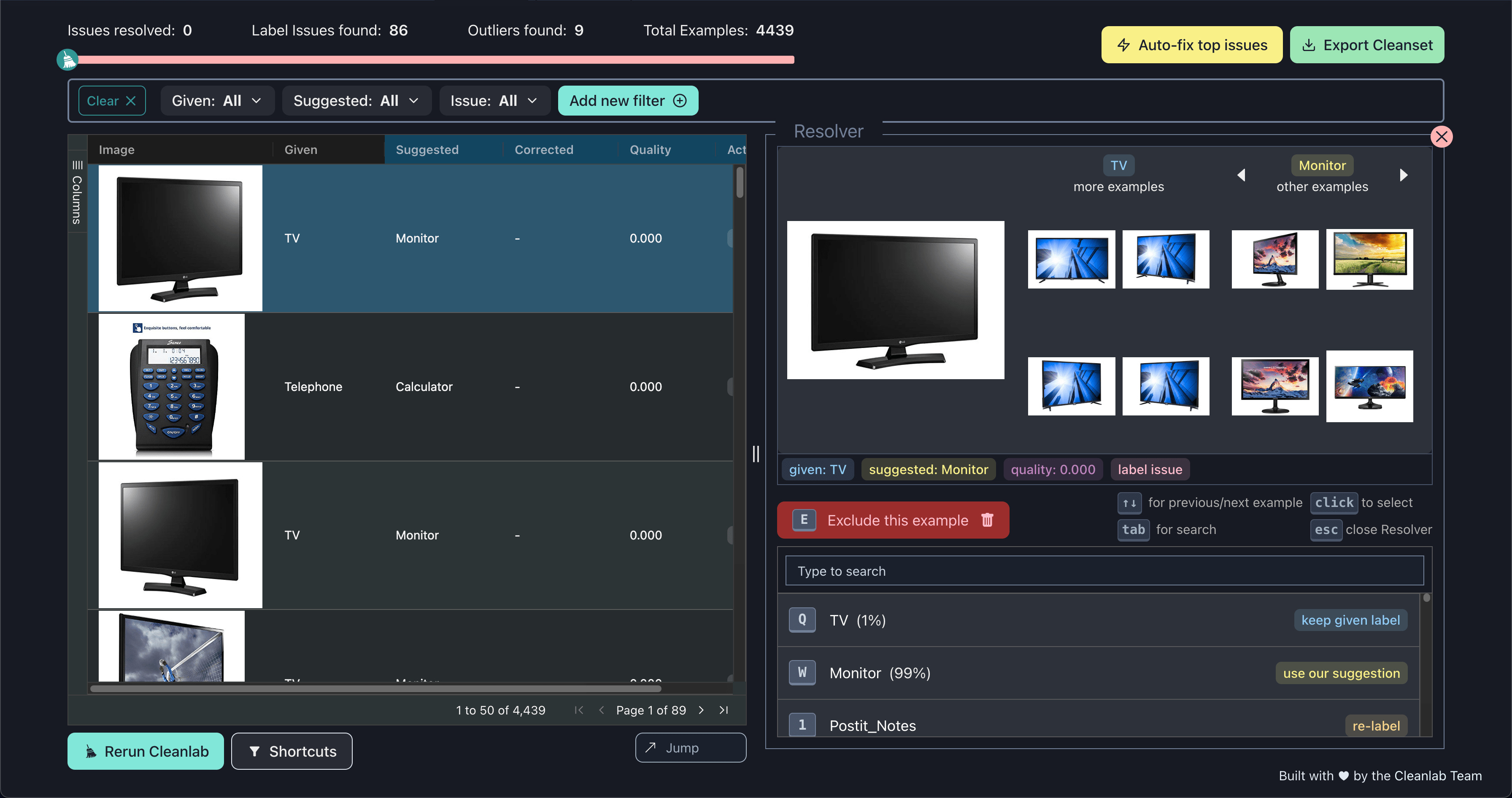 Screenshot of Cleanlab Studio, a data correction enterprise interface.